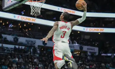 Apr 7, 2023; Charlotte, North Carolina, USA; Houston Rockets guard Kevin Porter Jr. (3) dunks the ball against the Charlotte Hornets during the first quarter at the Spectrum Center. Mandatory Credit: Jim Dedmon-USA TODAY Sports