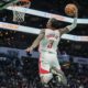 Apr 7, 2023; Charlotte, North Carolina, USA; Houston Rockets guard Kevin Porter Jr. (3) dunks the ball against the Charlotte Hornets during the first quarter at the Spectrum Center. Mandatory Credit: Jim Dedmon-USA TODAY Sports