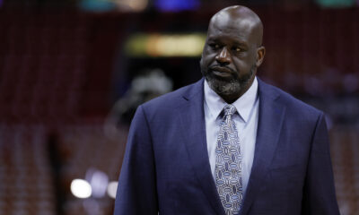 May 23, 2023; Miami, Florida, USA; Shaquille O'Neal looks on before game four between the Miami Heat and the Boston Celtics in the Eastern Conference Finals for the 2023 NBA playoffs at Kaseya Center. Mandatory Credit: Sam Navarro-USA TODAY Sports