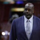 May 23, 2023; Miami, Florida, USA; Shaquille O'Neal looks on before game four between the Miami Heat and the Boston Celtics in the Eastern Conference Finals for the 2023 NBA playoffs at Kaseya Center. Mandatory Credit: Sam Navarro-USA TODAY Sports