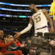 Nov 19, 2023; Los Angeles, California, USA; Los Angeles Lakers forward LeBron James (23) shakes hands with his son Bronny James during the second half against the Houston Rockets at Crypto.com Arena. Mandatory Credit: Kiyoshi Mio-USA TODAY Sports