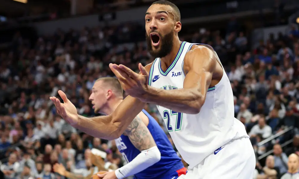 Mar 3, 2024; Minneapolis, Minnesota, USA; Minnesota Timberwolves center Rudy Gobert (27) reacts to a call during the first half against the LA Clippers at Target Center. Mandatory Credit: Matt Krohn-USA TODAY Sports