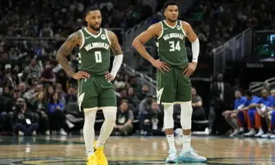 Mar 24, 2024; Milwaukee, Wisconsin, USA; Milwaukee Bucks forward Giannis Antetokounmpo (34) and guard Damian Lillard (0) during the game against the Oklahoma City Thunder at Fiserv Forum. Mandatory Credit: Jeff Hanisch-USA TODAY Sports