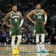 Mar 24, 2024; Milwaukee, Wisconsin, USA; Milwaukee Bucks forward Giannis Antetokounmpo (34) and guard Damian Lillard (0) during the game against the Oklahoma City Thunder at Fiserv Forum. Mandatory Credit: Jeff Hanisch-USA TODAY Sports