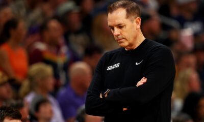 Apr 9, 2024; Phoenix, Arizona, USA; Phoenix Suns head coach Frank Vogel reacts during the second quarter of the game against the LA Clippers at Footprint Center. Mandatory Credit: Mark J. Rebilas-USA TODAY Sports