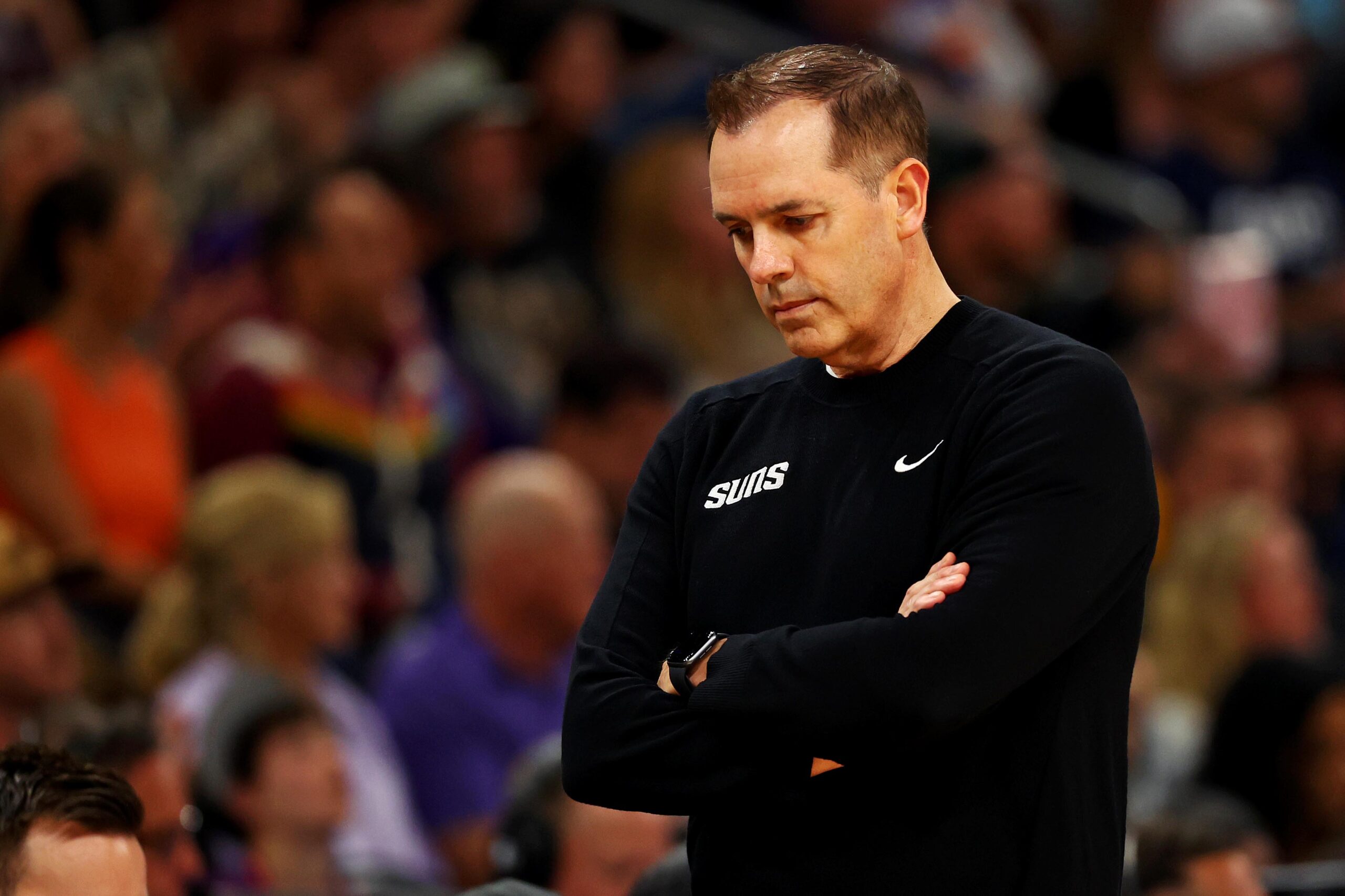 Apr 9, 2024; Phoenix, Arizona, USA; Phoenix Suns head coach Frank Vogel reacts during the second quarter of the game against the LA Clippers at Footprint Center. Mandatory Credit: Mark J. Rebilas-USA TODAY Sports