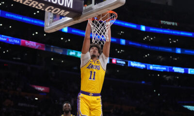 Apr 9, 2024; Los Angeles, California, USA; Los Angeles Lakers center Jaxson Hayes (11) dunks the ball after the game in the first half at Crypto.com Arena. Mandatory Credit: Kirby Lee-USA TODAY Sports