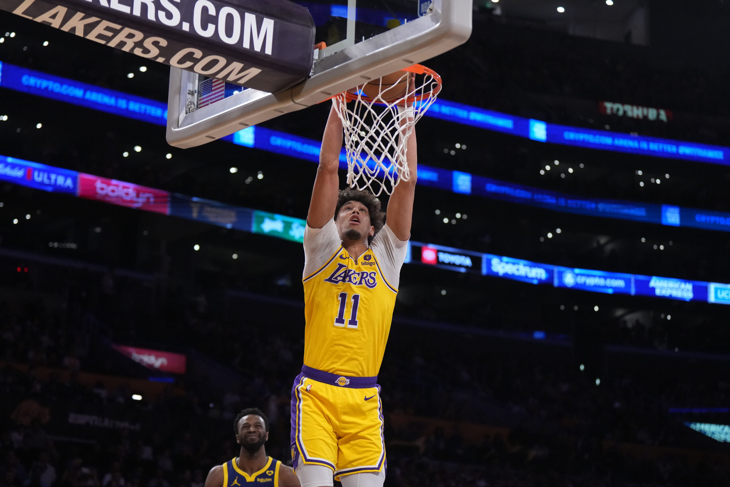 Apr 9, 2024; Los Angeles, California, USA; Los Angeles Lakers center Jaxson Hayes (11) dunks the ball after the game in the first half at Crypto.com Arena. Mandatory Credit: Kirby Lee-USA TODAY Sports