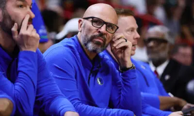 Apr 10, 2024; Miami, Florida, USA; Dallas Mavericks head coach Jason Kidd looks on from the bench against the Miami Heat during the third quarter at Kaseya Center. Mandatory Credit: Sam Navarro-USA TODAY Sports