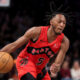 Apr 10, 2024; Brooklyn, New York, USA; Toronto Raptors guard Immanuel Quickley (5) handles the ball against the Brooklyn Nets during the fourth quarter at Barclays Center. Mandatory Credit: Brad Penner-USA TODAY Sports