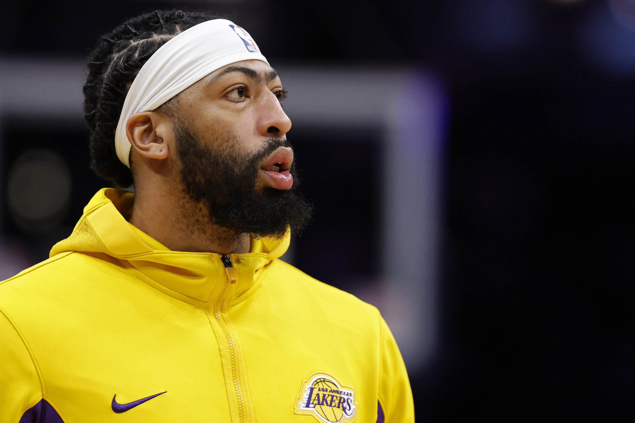 Apr 3, 2024; Washington, District of Columbia, USA; Los Angeles Lakers forward Anthony Davis on court during warmup prior to the game against the Washington Wizards at Capital One Arena. Mandatory Credit: Geoff Burke-USA TODAY Sports