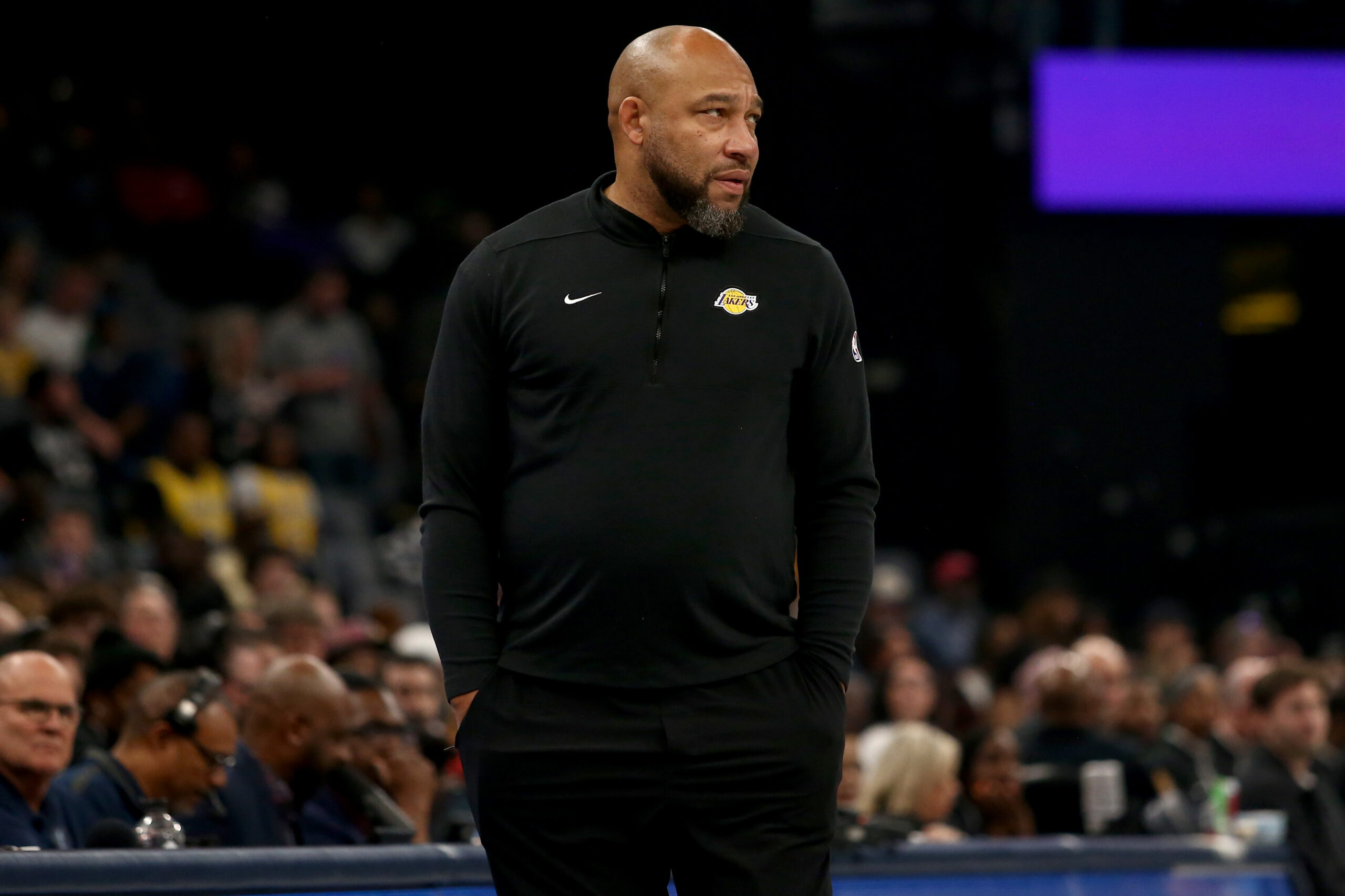 Apr 12, 2024; Memphis, Tennessee, USA; Los Angeles Lakers head coach Darvin Ham watches during the first half against the Memphis Grizzlies at FedExForum. Mandatory Credit: Petre Thomas-USA TODAY Sports