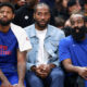Apr 12, 2024; Los Angeles, California, USA; Los Angeles Clippers forward Paul George (13, left) and forward Kawhi Leonard (2, center) and guard James Harden (1, right) watch the game from the bench during the third quarter against the Utah Jazz at Crypto.com Arena. Mandatory Credit: Kiyoshi Mio-USA TODAY Sports