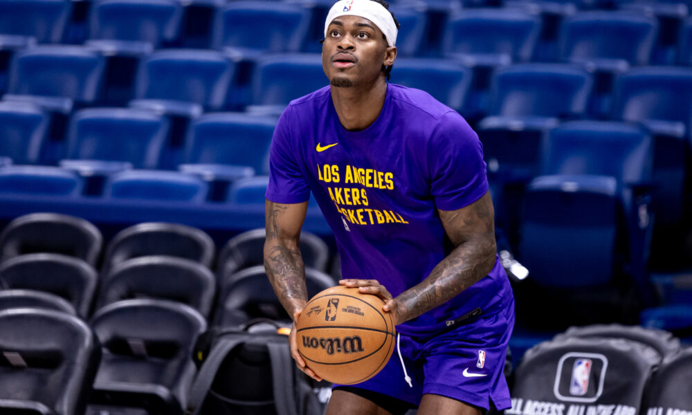 Apr 14, 2024; New Orleans, Louisiana, USA; Los Angeles Lakers forward Jarred Vanderbilt (2) during warmups before the game against the New Orleans Pelicans at Smoothie King Center. Mandatory Credit: Stephen Lew-USA TODAY Sports