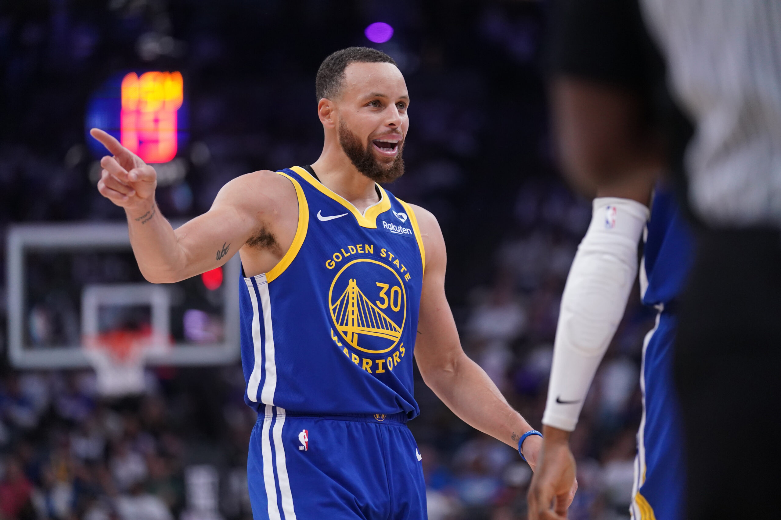 Apr 16, 2024; Sacramento, California, USA; Golden State Warriors guard Stephen Curry (30) talks with teammates after a play against the Sacramento Kings in the second quarter during a play-in game of the 2024 NBA playoffs at the Golden 1 Center. Mandatory Credit: Cary Edmondson-USA TODAY Sports