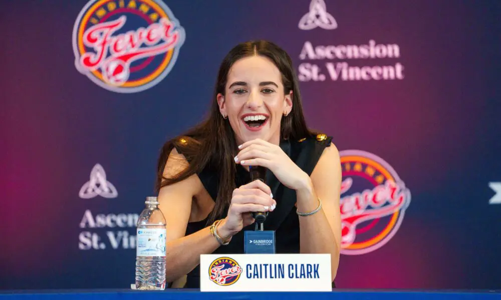 April 17, 2024; Indianapolis, IN, USA; Indiana Fever player Caitlin Clark, former Iowa Hawkeye standout and the no. 1 pick in the 2024 WNBA draft, speaks Wednesday, April 17, 2024, during an introductory press conference inside the entry pavilion at Gainbridge Fieldhouse. Mandatory Credit: Mykal McEldowney-USA TODAY NETWORK