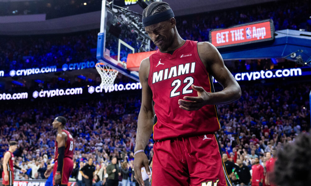 Apr 17, 2024; Philadelphia, Pennsylvania, USA; Miami Heat forward Jimmy Butler (22) reacts after a collision during the fourth quarter against the Philadelphia 76ers in a play-in game of the 2024 NBA playoffs at Wells Fargo Center. Mandatory Credit: Bill Streicher-USA TODAY Sports