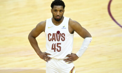 Apr 20, 2024; Cleveland, Ohio, USA; Cleveland Cavaliers guard Donovan Mitchell (45) stands on the court in the fourth quarter against the Orlando Magic during game one of the first round for the 2024 NBA playoffs at Rocket Mortgage FieldHouse. Mandatory Credit: David Richard-USA TODAY Sports