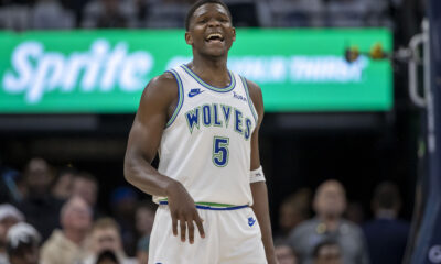 Apr 20, 2024; Minneapolis, Minnesota, USA; Minnesota Timberwolves guard Anthony Edwards (5) looks on against the Phoenix Suns in the second half during game one of the first round for the 2024 NBA playoffs at Target Center. Mandatory Credit: Jesse Johnson-USA TODAY Sports