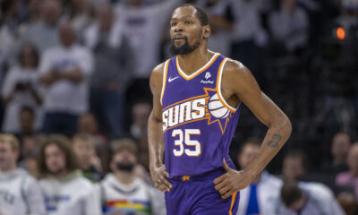 Apr 20, 2024; Minneapolis, Minnesota, USA; Phoenix Suns forward Kevin Durant (35) looks on against the Minnesota Timberwolves in the second half during game one of the first round for the 2024 NBA playoffs at Target Center. Mandatory Credit: Jesse Johnson-USA TODAY Sports