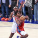 Apr 20, 2024; New York, New York, USA; Philadelphia 76ers guard Tyrese Maxey (0) drives past New York Knicks center Mitchell Robinson (23) in the fourth quarter in game one of the first round for the 2024 NBA playoffs at Madison Square Garden. Mandatory Credit: Wendell Cruz-USA TODAY Sports