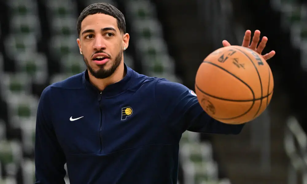 Apr 21, 2024; Milwaukee, Wisconsin, USA; Indiana Pacers guard Tyrese Haliburton (0) warms up before game one of the first round for the 2024 NBA playoffs against the Milwaukee Bucks at Fiserv Forum. Mandatory Credit: Benny Sieu-USA TODAY Sports