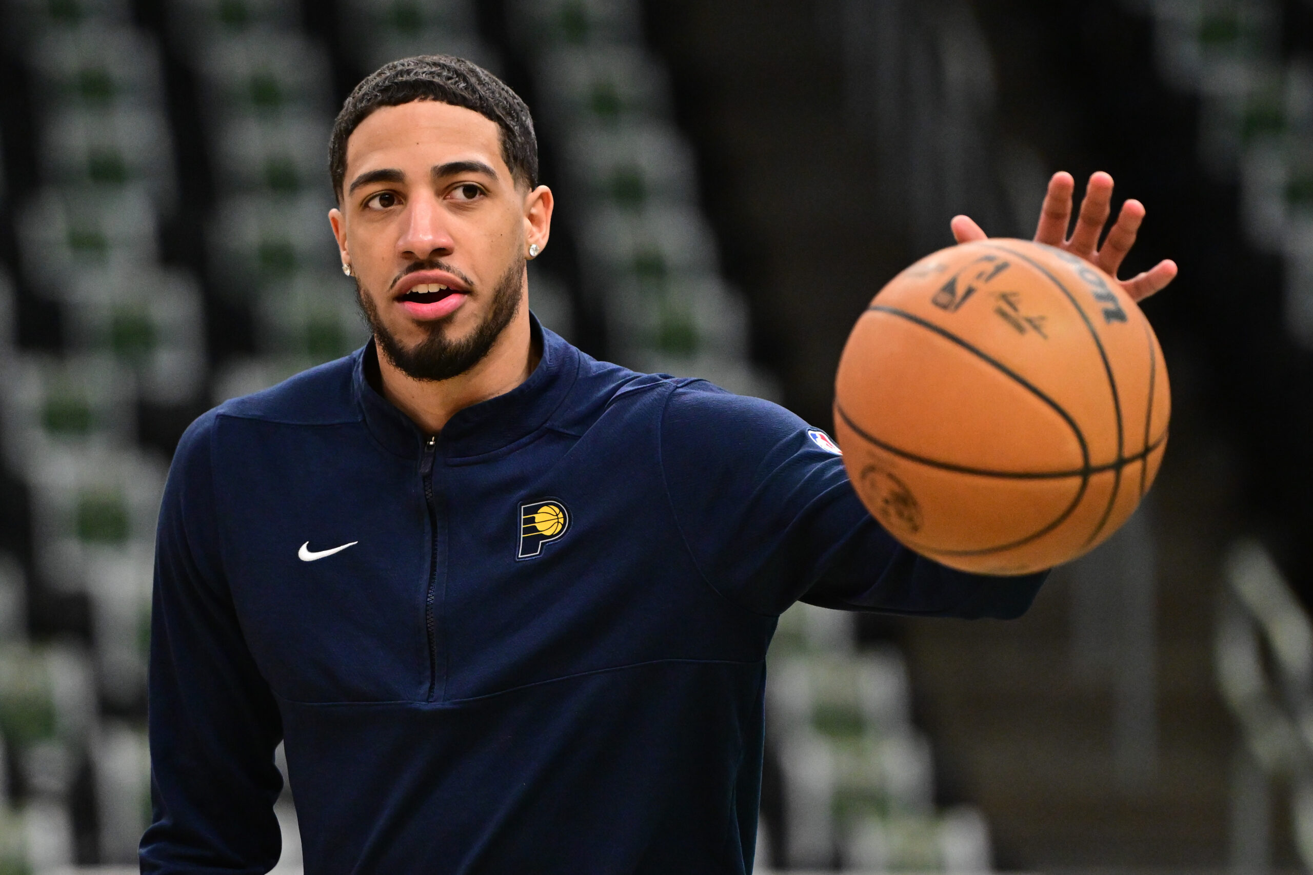 Apr 21, 2024; Milwaukee, Wisconsin, USA; Indiana Pacers guard Tyrese Haliburton (0) warms up before game one of the first round for the 2024 NBA playoffs against the Milwaukee Bucks at Fiserv Forum. Mandatory Credit: Benny Sieu-USA TODAY Sports