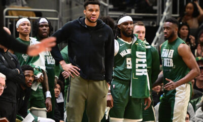 Apr 21, 2024; Milwaukee, Wisconsin, USA; Milwaukee Bucks forward Giannis Antetokounmpo (34) watches from the bench in the fourth quarter against the Indiana Pacers during game one of the first round for the 2024 NBA playoffs at Fiserv Forum. Mandatory Credit: Benny Sieu-USA TODAY Sports