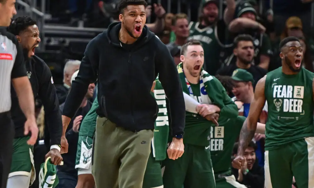 Apr 21, 2024; Milwaukee, Wisconsin, USA; Milwaukee Bucks forward Giannis Antetokounmpo (34) reacts in the fourth quarter against the Indiana Pacers during game one of the first round for the 2024 NBA playoffs at Fiserv Forum. Mandatory Credit: Benny Sieu-USA TODAY Sports