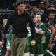 Apr 21, 2024; Milwaukee, Wisconsin, USA; Milwaukee Bucks forward Giannis Antetokounmpo (34) reacts in the fourth quarter against the Indiana Pacers during game one of the first round for the 2024 NBA playoffs at Fiserv Forum. Mandatory Credit: Benny Sieu-USA TODAY Sports