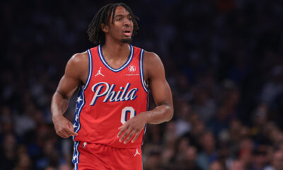 Apr 22, 2024; New York, New York, USA; Philadelphia 76ers guard Tyrese Maxey (0) runs up court during the first half during game two of the first round for the 2024 NBA playoffs against the New York Knicks at Madison Square Garden. Mandatory Credit: Vincent Carchietta-USA TODAY Sports