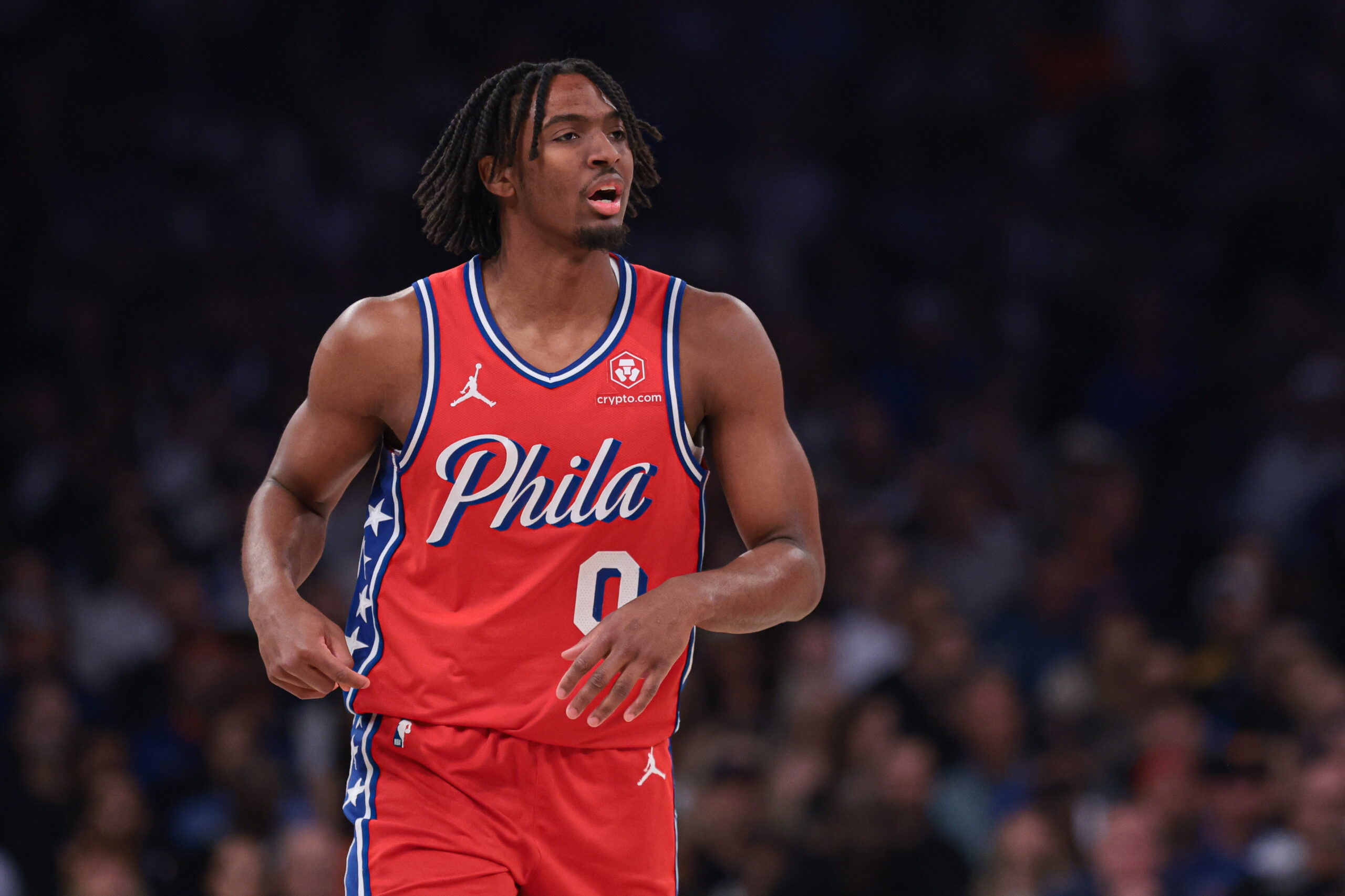 Apr 22, 2024; New York, New York, USA; Philadelphia 76ers guard Tyrese Maxey (0) runs up court during the first half during game two of the first round for the 2024 NBA playoffs against the New York Knicks at Madison Square Garden. Mandatory Credit: Vincent Carchietta-USA TODAY Sports