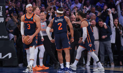 Apr 22, 2024; New York, New York, USA; New York Knicks guard Josh Hart (3) celebrates with teammates after being fouled during the fourth quarter during game two of the first round for the 2024 NBA playoffs against the Philadelphia 76ers at Madison Square Garden. Mandatory Credit: Vincent Carchietta-USA TODAY Sports