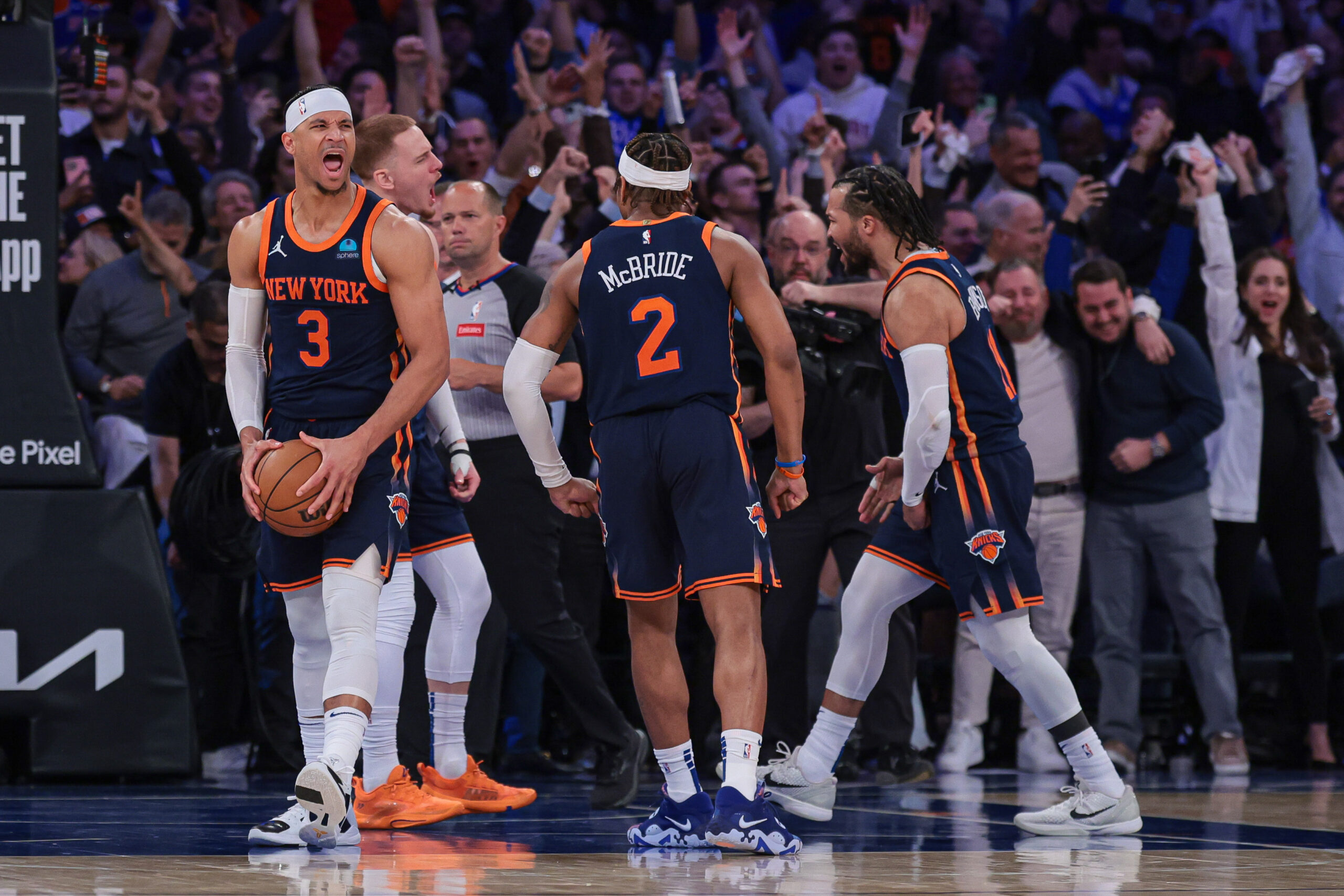 Apr 22, 2024; New York, New York, USA; New York Knicks guard Josh Hart (3) celebrates with teammates after being fouled during the fourth quarter during game two of the first round for the 2024 NBA playoffs against the Philadelphia 76ers at Madison Square Garden. Mandatory Credit: Vincent Carchietta-USA TODAY Sports