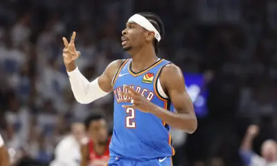 Apr 24, 2024; Oklahoma City, Oklahoma, USA; Oklahoma City Thunder guard Shai Gilgeous-Alexander (2) gestures after scoring a basket against the New Orleans Pelicans during the second quarter of game two of the first round for the 2024 NBA playoffs at Paycom Center. Mandatory Credit: Alonzo Adams-USA TODAY Sports