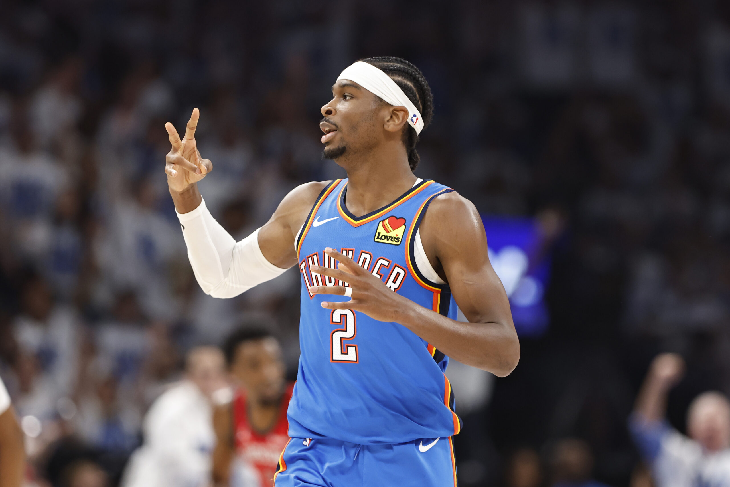 Apr 24, 2024; Oklahoma City, Oklahoma, USA; Oklahoma City Thunder guard Shai Gilgeous-Alexander (2) gestures after scoring a basket against the New Orleans Pelicans during the second quarter of game two of the first round for the 2024 NBA playoffs at Paycom Center. Mandatory Credit: Alonzo Adams-USA TODAY Sports