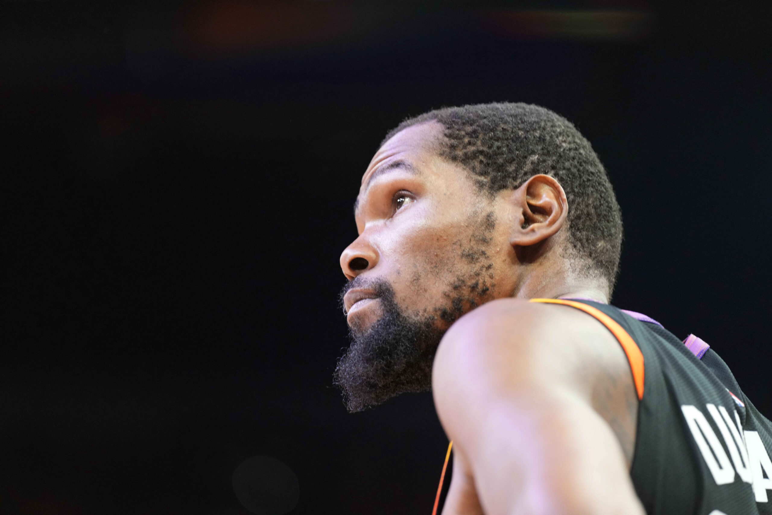 Apr 26, 2024; Phoenix, Arizona, USA; Phoenix Suns forward Kevin Durant (35) looks on against the Minnesota Timberwolves during the second half of game three of the first round for the 2024 NBA playoffs at Footprint Center. Mandatory Credit: Joe Camporeale-USA TODAY Sports