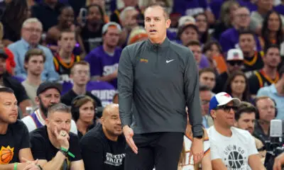 Apr 28, 2024; Phoenix, Arizona, USA; Phoenix Suns head coach Frank Vogel looks on Monday during the first half of game four of the first round for the 2024 NBA playoffs at Footprint Center. Mandatory Credit: Joe Camporeale-USA TODAY Sports