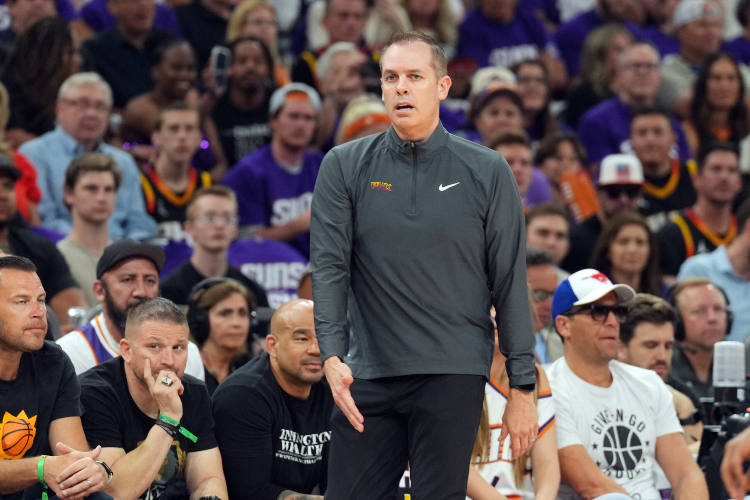 Apr 28, 2024; Phoenix, Arizona, USA; Phoenix Suns head coach Frank Vogel looks on Monday during the first half of game four of the first round for the 2024 NBA playoffs at Footprint Center. Mandatory Credit: Joe Camporeale-USA TODAY Sports