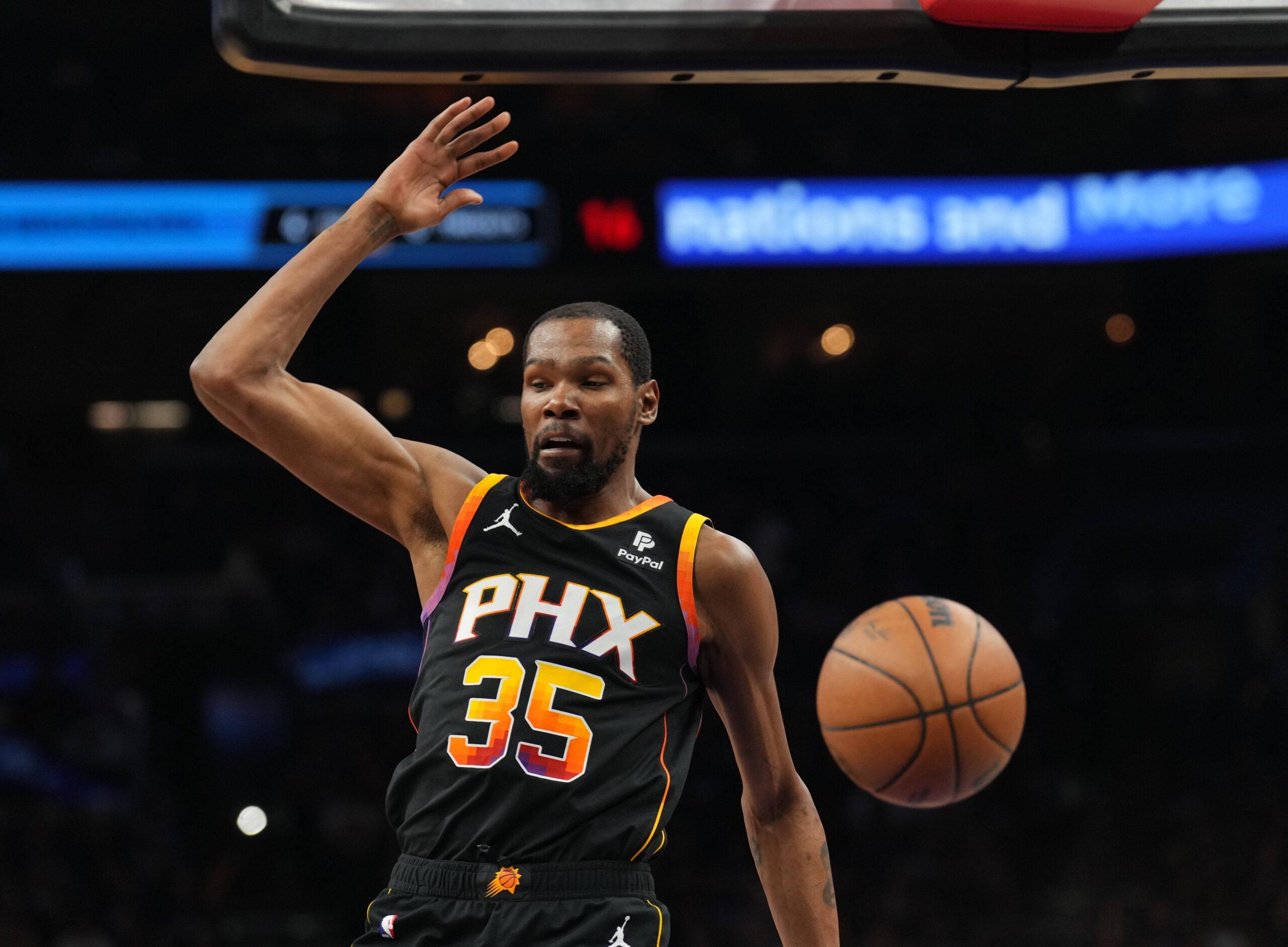 Apr 28, 2024; Phoenix, Arizona, USA; Phoenix Suns forward Kevin Durant (35) dunks against the Minnesota Timberwolves during the first half of game four of the first round for the 2024 NBA playoffs at Footprint Center. Mandatory Credit: Joe Camporeale-USA TODAY Sports