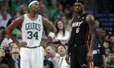 Oct 26, 2010; Boston, MA, USA; Boston Celtics forward Paul Pierce (34) on the court during a break in the first half with Miami Heat forward LeBron James (6) at the TD Garden. Mandatory Credit: David Butler II-USA TODAY Sports