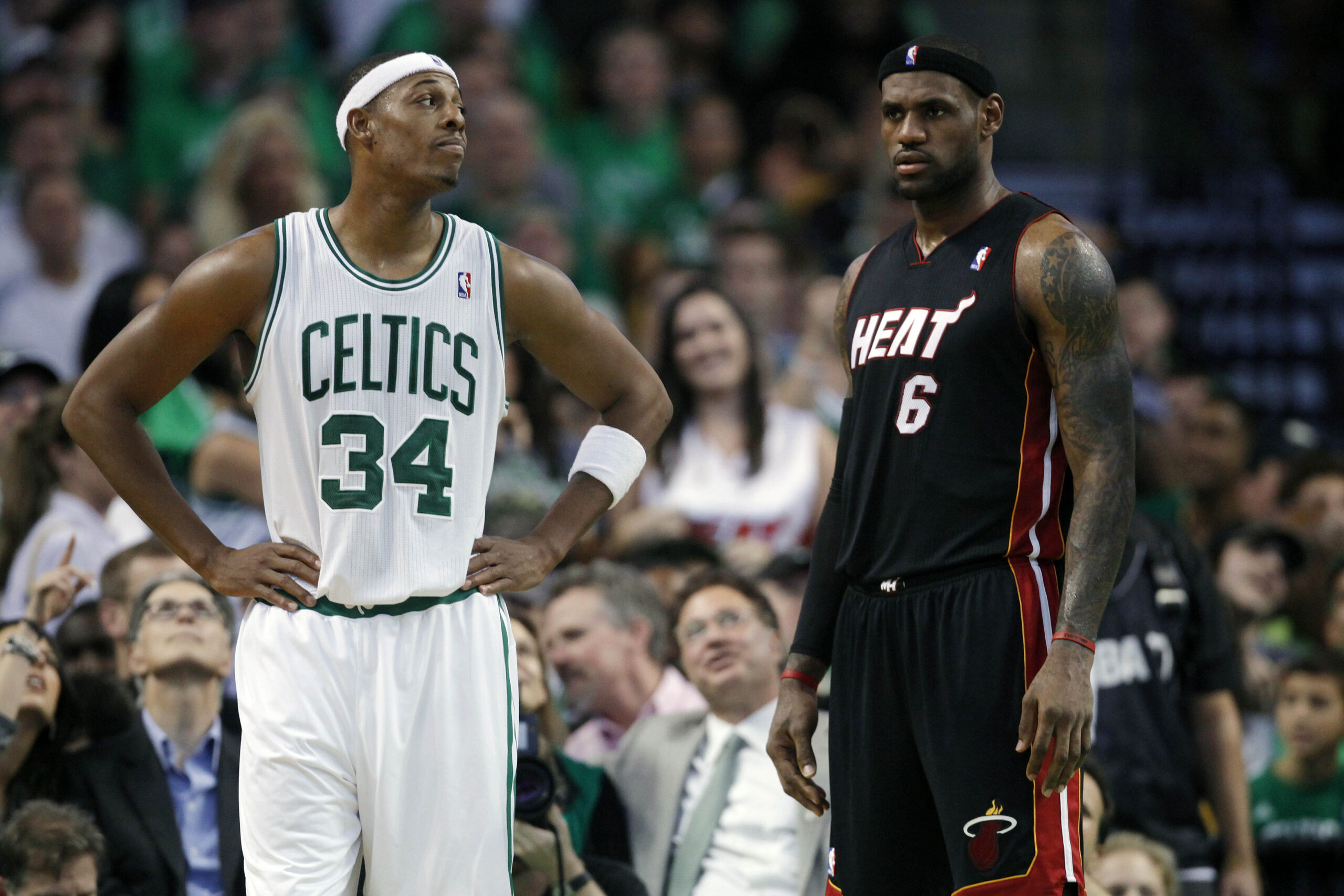 Oct 26, 2010; Boston, MA, USA; Boston Celtics forward Paul Pierce (34) on the court during a break in the first half with Miami Heat forward LeBron James (6) at the TD Garden. Mandatory Credit: David Butler II-USA TODAY Sports