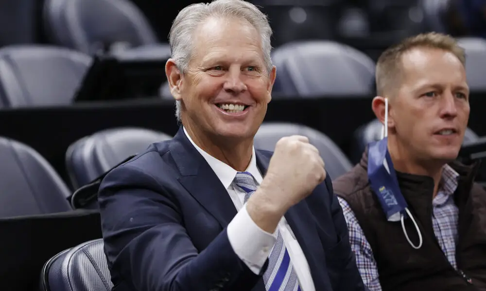 Dec 15, 2021; Salt Lake City, Utah, USA; Danny Ainge watches pregame activities after he was Appointed Alternate Governor and CEO of Utah Jazz Basketball prior to their game against the LA Clippers at Vivint Arena. Mandatory Credit: Jeffrey Swinger-USA TODAY Sports
