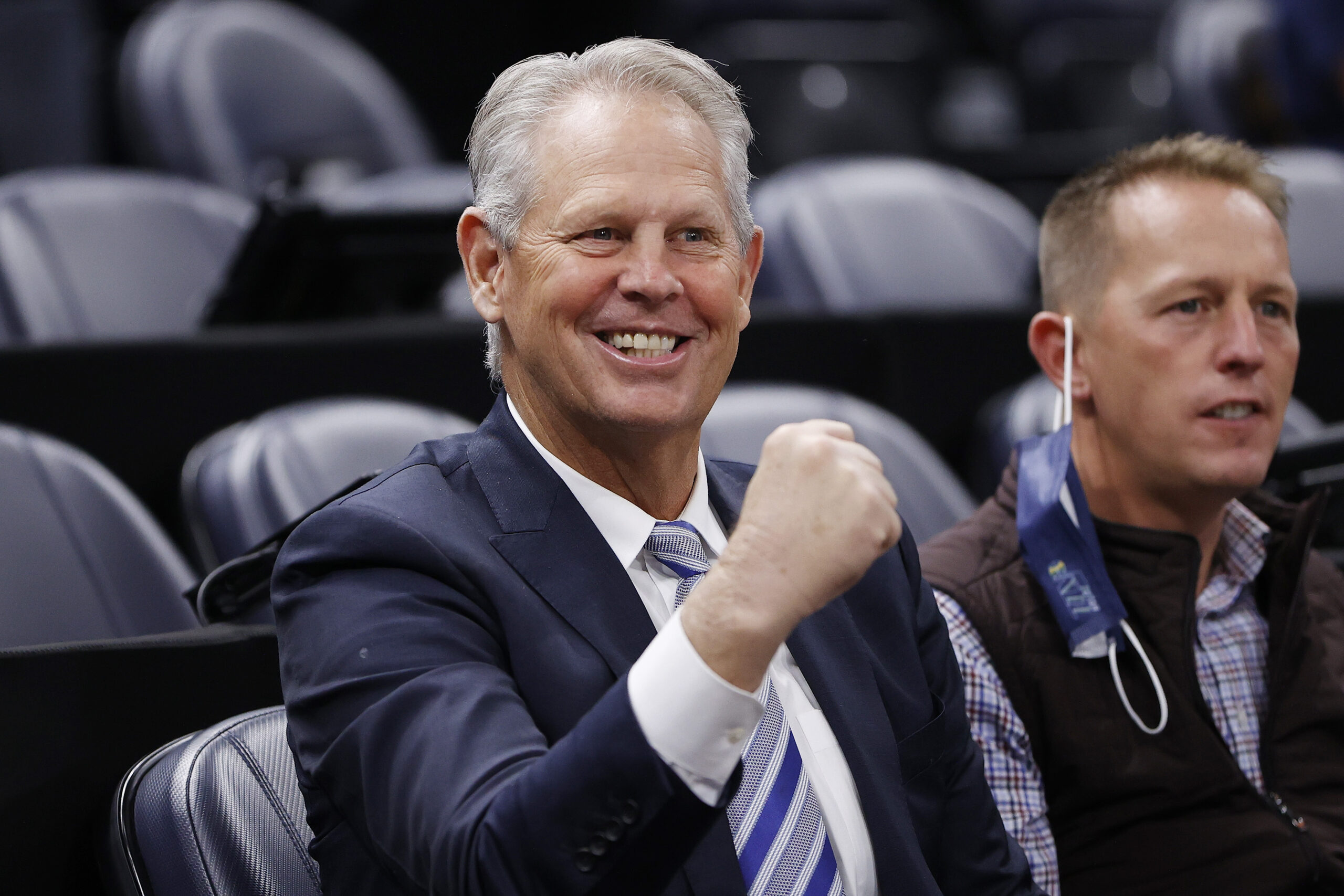 Dec 15, 2021; Salt Lake City, Utah, USA; Danny Ainge watches pregame activities after he was Appointed Alternate Governor and CEO of Utah Jazz Basketball prior to their game against the LA Clippers at Vivint Arena. Mandatory Credit: Jeffrey Swinger-USA TODAY Sports