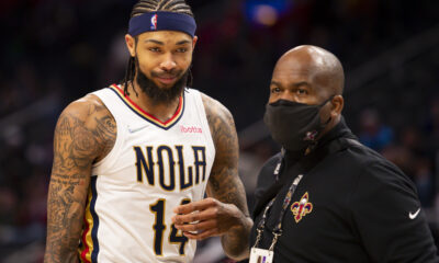 Feb 1, 2022; Detroit, Michigan, USA; New Orleans Pelicans forward Brandon Ingram (14) reacts after getting ejected from the game during the fourth quarter against the Detroit Pistons at Little Caesars Arena. Mandatory Credit: Raj Mehta-USA TODAY Sports
