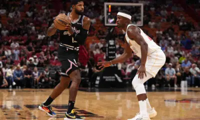 Dec 8, 2022; Miami, Florida, USA; LA Clippers guard Paul George (13). controls the ball against Miami Heat forward Jimmy Butler (22) during the first half at FTX Arena. Mandatory Credit: Jasen Vinlove-USA TODAY Sports