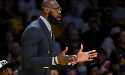 Feb 9, 2023; Los Angeles, California, USA; Los Angeles Lakers forward LeBron James (6) reacts on the bench after a foul call in the first half against the Milwaukee Bucks at Crypto.com Arena. Mandatory Credit: Jayne Kamin-Oncea-USA TODAY Sports