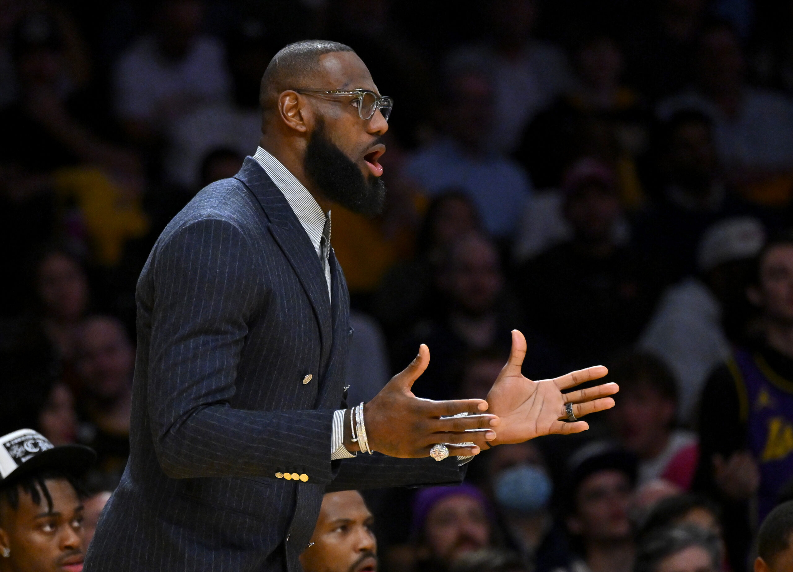 Feb 9, 2023; Los Angeles, California, USA; Los Angeles Lakers forward LeBron James (6) reacts on the bench after a foul call in the first half against the Milwaukee Bucks at Crypto.com Arena. Mandatory Credit: Jayne Kamin-Oncea-USA TODAY Sports