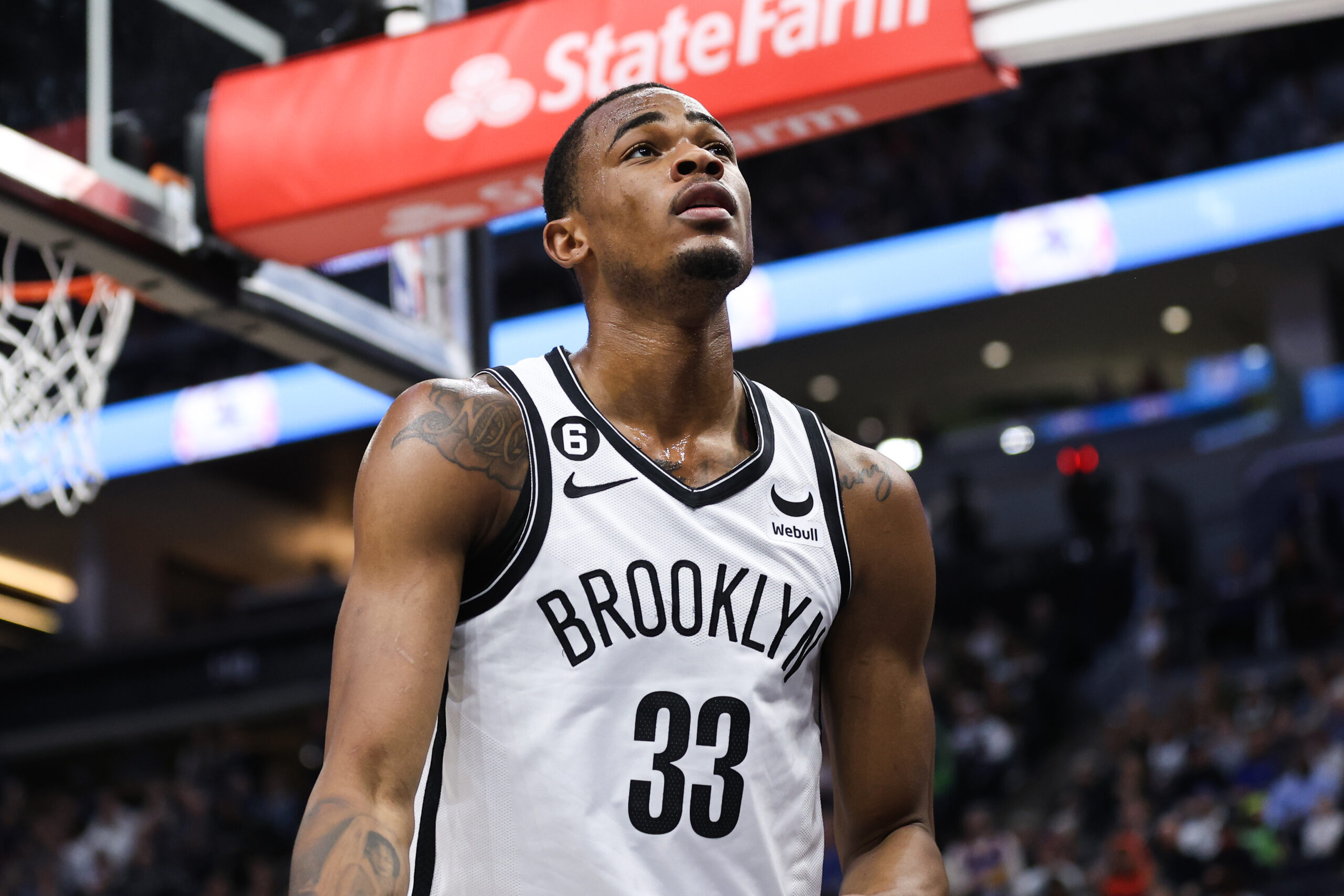 Mar 10, 2023; Minneapolis, Minnesota, USA; Brooklyn Nets center Nic Claxton (33) reacts to his shot against the Minnesota Timberwolves during the first quarter at Target Center. Mandatory Credit: Matt Krohn-USA TODAY Sports