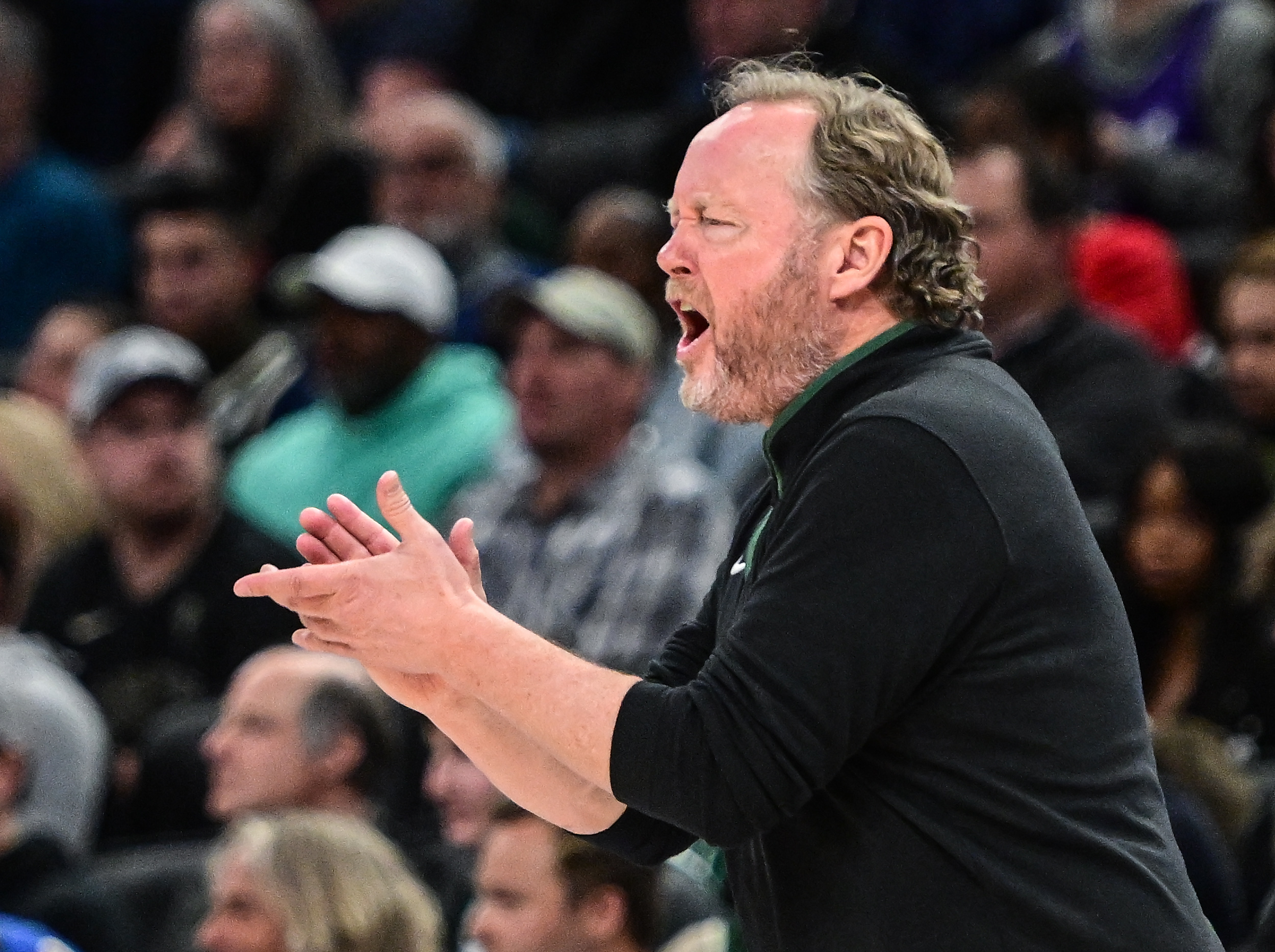 Apr 2, 2023; Milwaukee, Wisconsin, USA; Milwaukee Bucks head coach Mike Budenholzer calls a play in the fourth quarter during the game against the Philadelphia 76ers at Fiserv Forum. Mandatory Credit: Benny Sieu-USA TODAY Sports